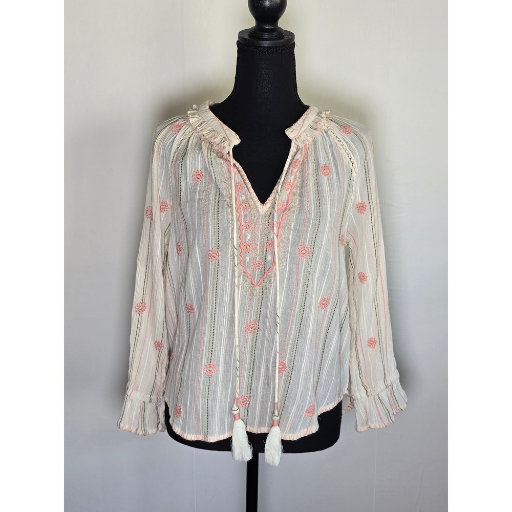 Love Sam Women Blouse Size M Cream Embroidered Boho Tassel Top romantic spring